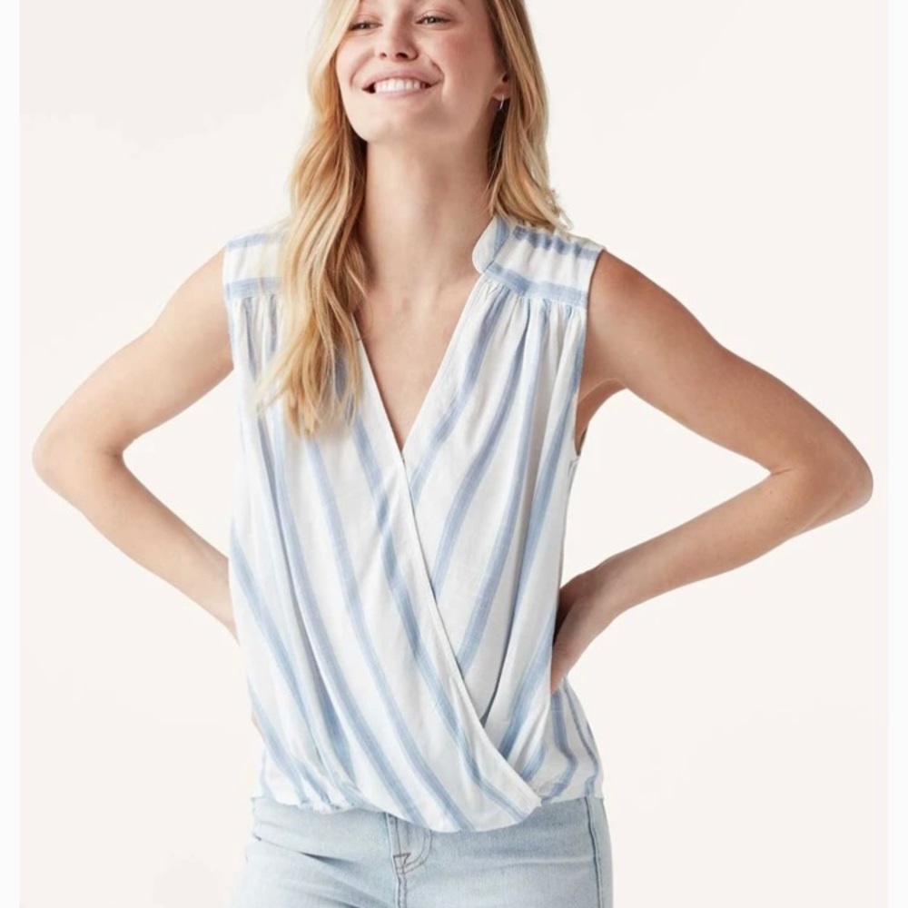 Sleeveless Blue Stripe Surplice Wrap Top